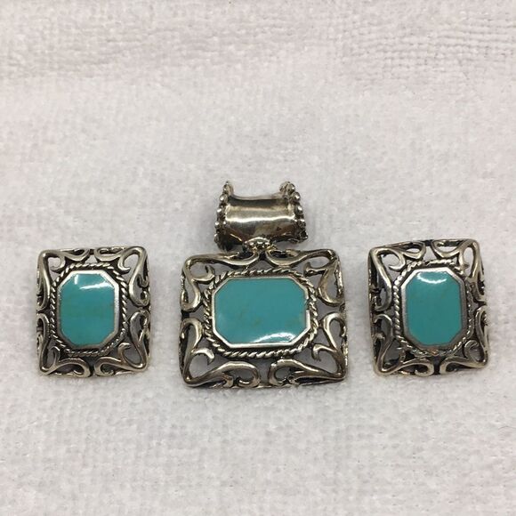 Sterling Silver 925 Mexico Chunky Faux Turquoise Dyed Howlite Pendant & Earrings - Picture 1 of 16